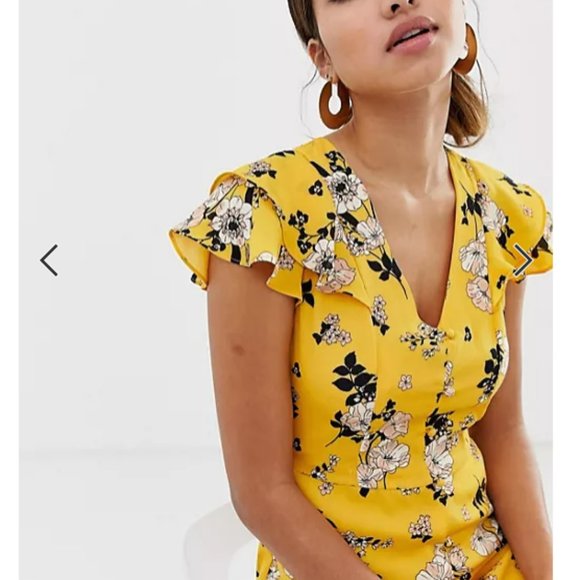 Oasis from ASOS midi tea dress with frill sleeves in floral print yellow NWT - Picture 2 of 6